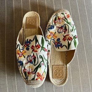 Tory Burch canvas embroidered mules; size 7.5